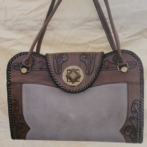 Western tooled leather w/leather rough out leather bag w/ leather handles